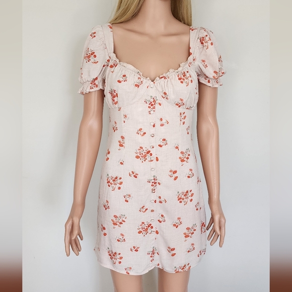 BARDOT FLORAL BEIGE SMOCKED COTTON CAP SLEEVES MINI SHORT SEXY DRESS 6 SMALL - Picture 2 of 14